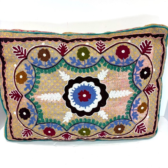 Karma Living Boho Colorful Floral Embroidered Throw Pillow 21x13” Made In India - Picture 1 of 8